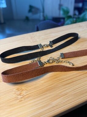 Set of Two Faux Suede Choker Necklaces - Black & Brown